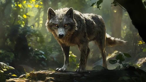 Forest sentinel wolf drenched in shafts of wild morning light.