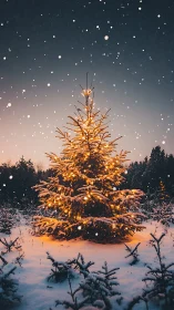 Snowy forest Christmas tree glowing in gentle twilight.