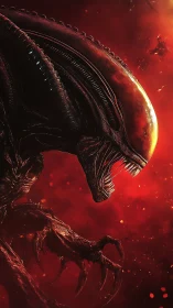 Fierce alien creature roars against a burning red cosmos.