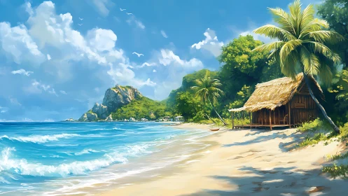 Tropical Coastal Scene with Thatch-Roof Structure and Rocky Headland