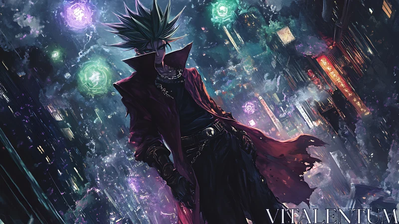 Spiked-haired cybermancer over neon-dense vertical megacity.