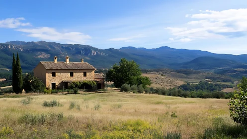 Rustic stone farmhouse within expansive mountain valley panorama.