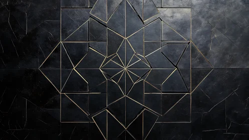 Geometric metallic lines form a dark abstract wall mandala