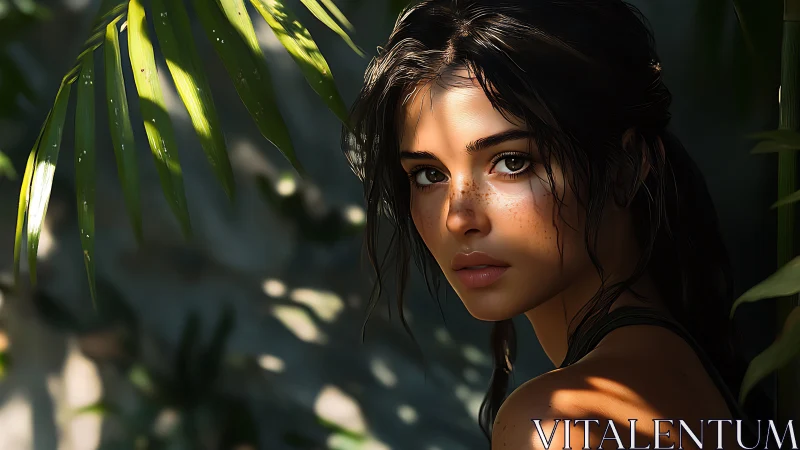 Portrait of young woman in dappled tropical foliage light.