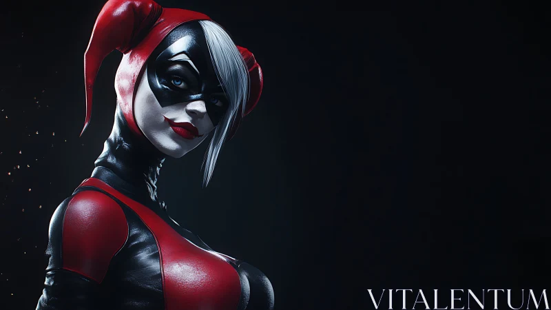 Female jester character rendered in glossy red and black latex