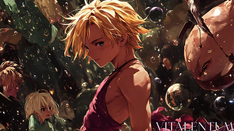 Blond anime warrior amid swirling fragments and echoes.