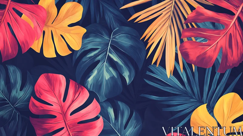 Neon jungle leaves whisper color secrets into midnight air