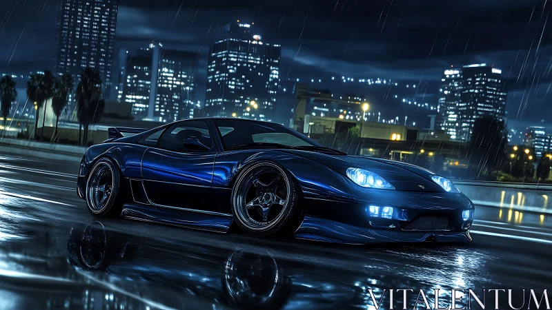 Low blue sports car on wet city street at rainy night.