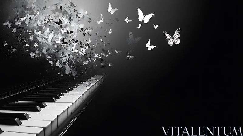 Piano keyboard extends into dark space as butterflies disperse