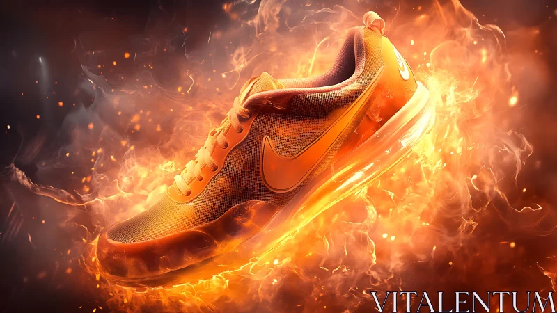 Orange athletic shoe surrounded by dynamic flame effects.