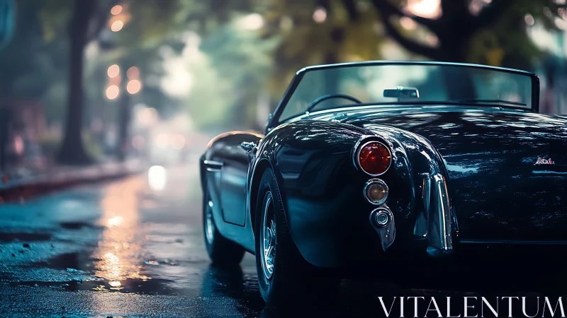 Classic black convertible parked on wet city street at dusk.