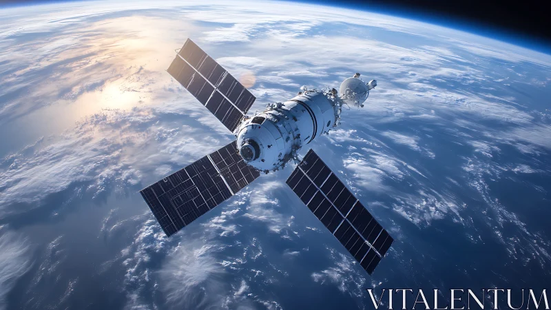 Orbital satellite spacecraft above Earth with solar arrays.