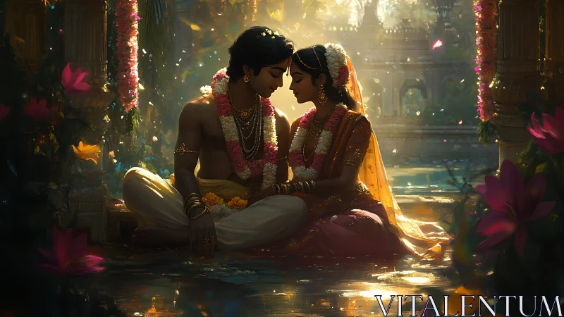 Two souls embrace in golden temple light during their sacred wedding ceremony.