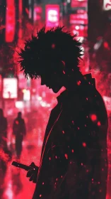 Silhouetted figure in red neon haze studies phone amid abstract city