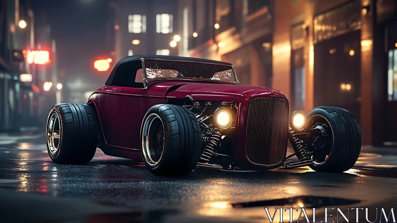 Midnight hot rod hums through neon-kissed empty streets