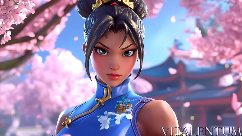 Cherry blossoms frame a resolute warrior in vivid spring light