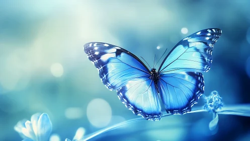 Blue butterfly wings spread over soft bokeh meadow background.