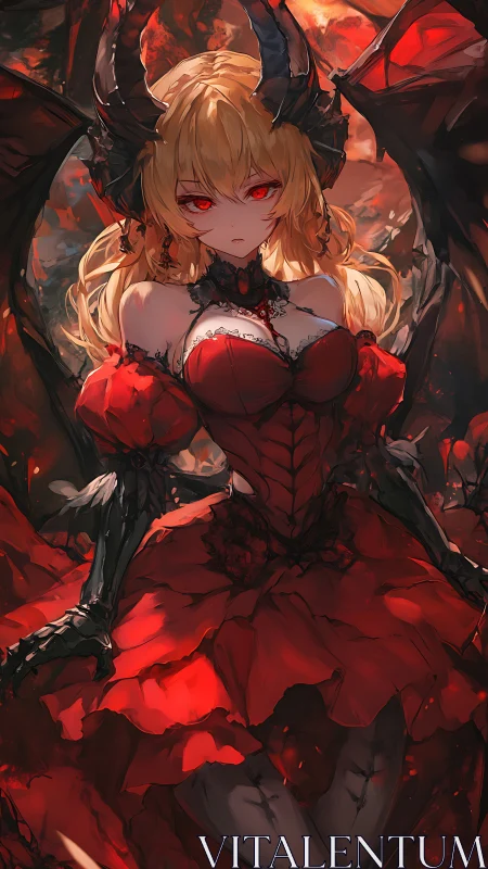 Crimson demon queen in lava-lit gothic regalia artwork.