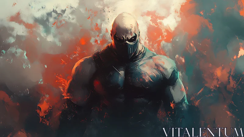 Armored antihero emerges from abstract inferno in chiaroscuro