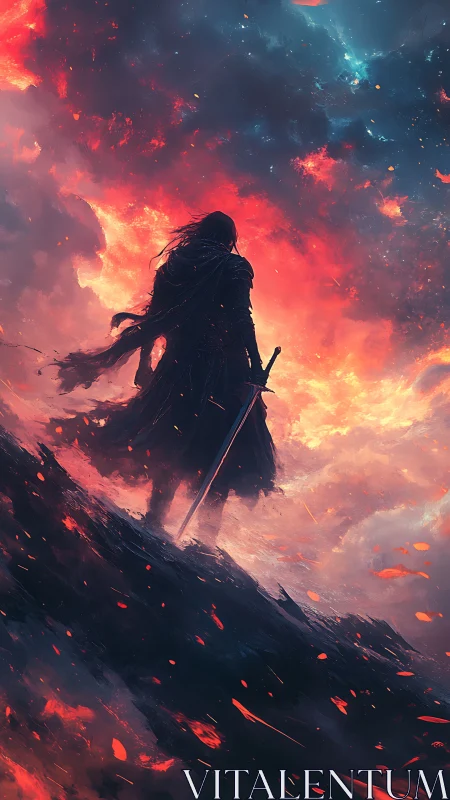 Cloaked sword figure on ridge beneath turbulent fiery sky.
