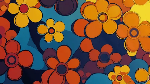 Bold retro flowers in saturated orange yellow blue palette.
