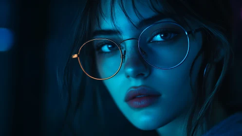 Midnight reflections in round glasses and neon glow.