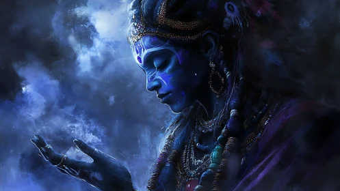 Nocturnal blue deity profile in mystic atmospheric bloom.