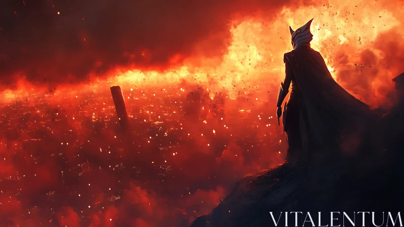 Helm-clad sentinel observing incinerated megacity horizon.
