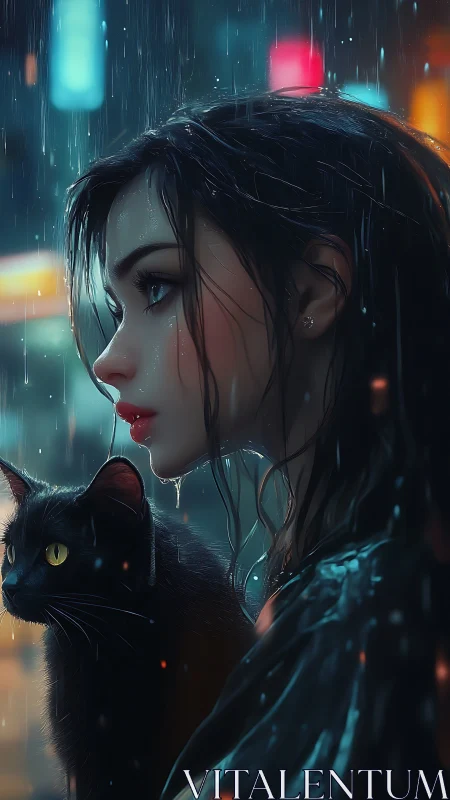 Rainlit girl and black cat linger beneath neon drizzle.