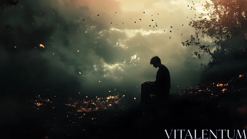 Solitary figure rests quietly amid glowing twilight embers