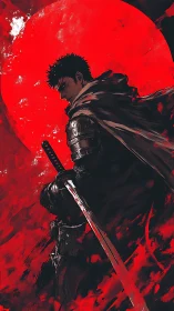 Lone swordsman beneath a blazing crimson battle moon.