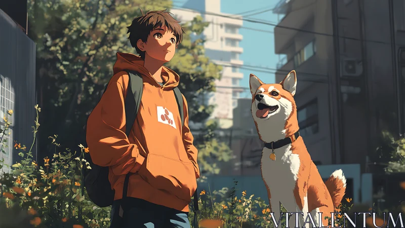 Golden city morning with a thoughtful teen and loyal dog.