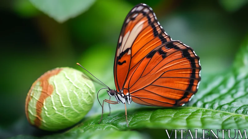 Vivid orange butterfly rests on lush leaf in tranquil macro focus