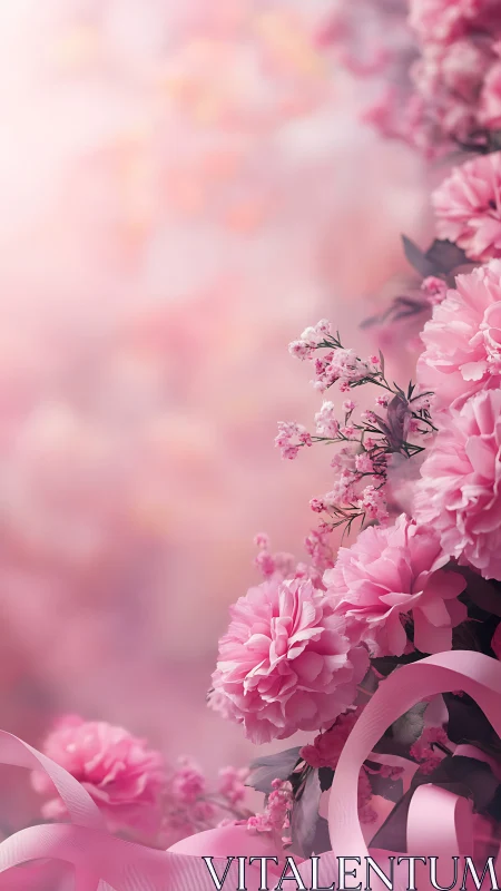 Pink carnations with ribbons on softly blurred floral background.