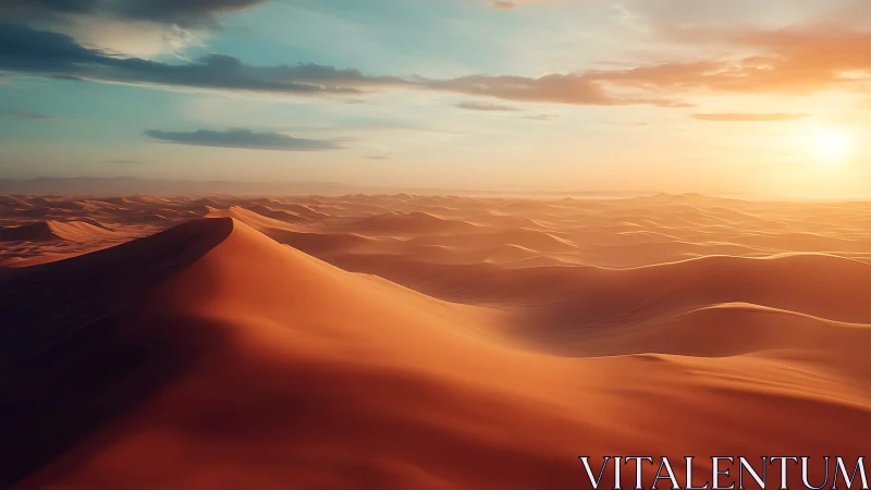 Sunlit aeolian dune field rendered with soft volumetric lighting
