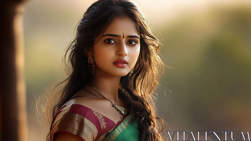 Sunlit portrait of young woman in traditional saree art.