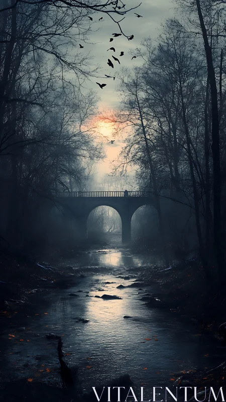 Foggy forest bridge over dark stream at muted sunset.