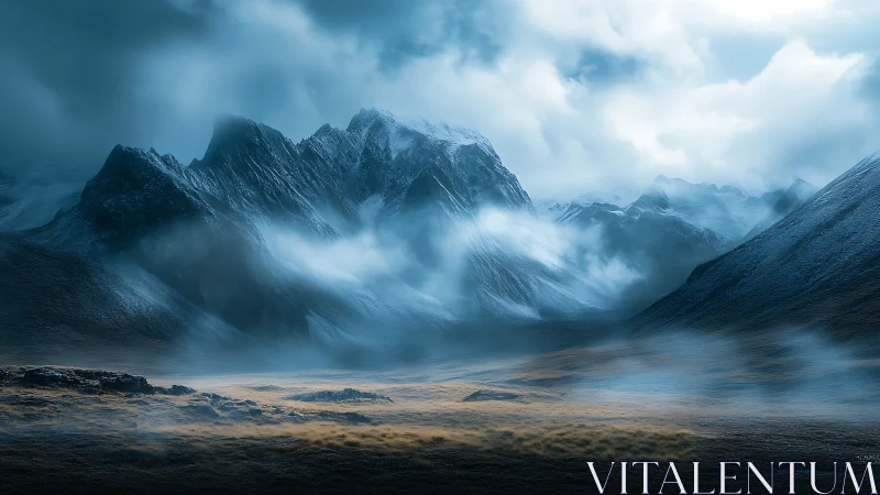 Glacial mountain range dissolves into low-lying spectral mist