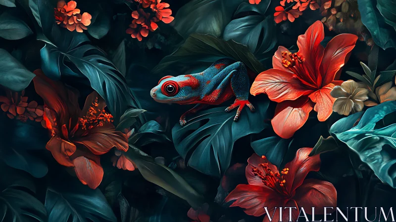 Jungle jeweler lizard lounges among midnight hibiscus blooms