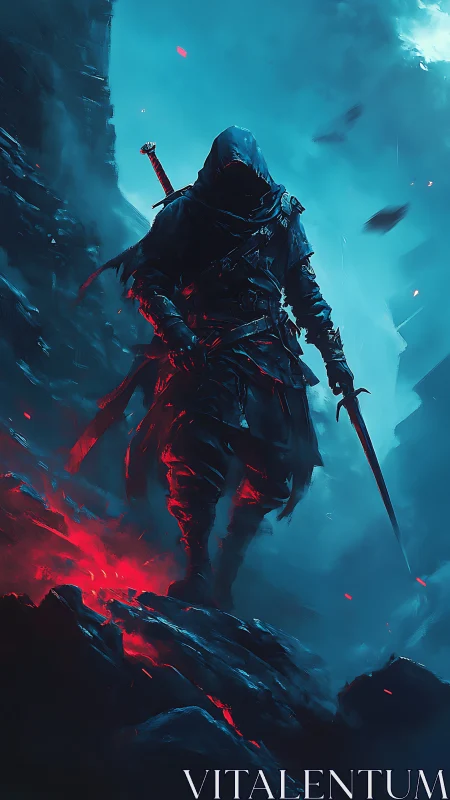 Hooded bladewalker crossing ember cliffs in frozen dusk.