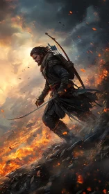 Lone ember-walker strides through stormlit battlefield ashes