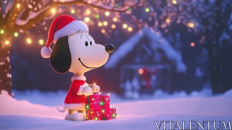 Stylized beagle in Santa outfit with gifts in snowy bokeh scene
