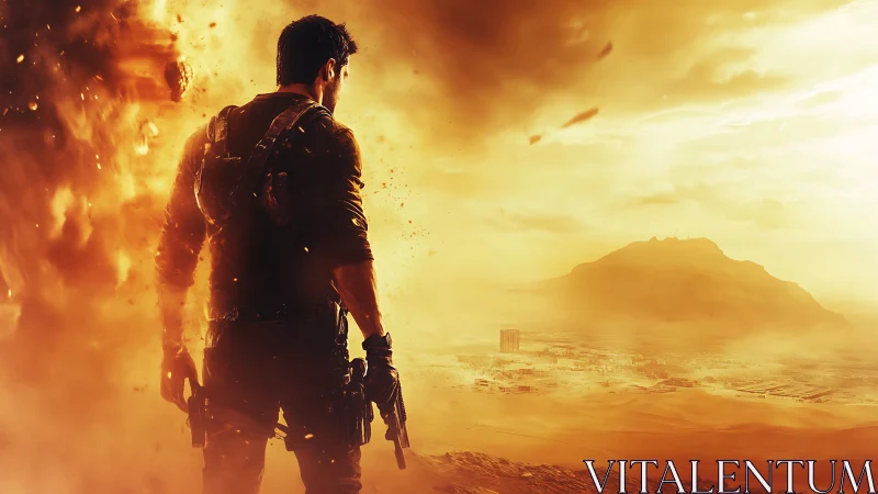 Armed lone wanderer surveys burning desert cityscape