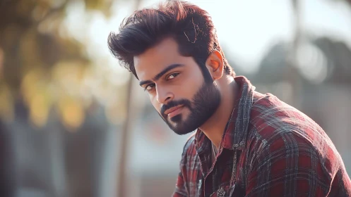 Bearded man in flannel shirt posed outdoors in soft light