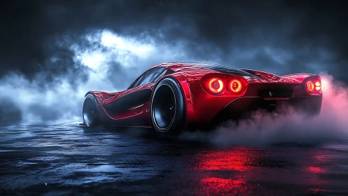 Red hypercar cuts neon mist on wet asphalt at night.