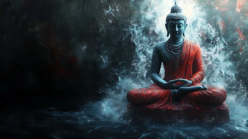Serene Buddha statue in red robes amid swirling mist.