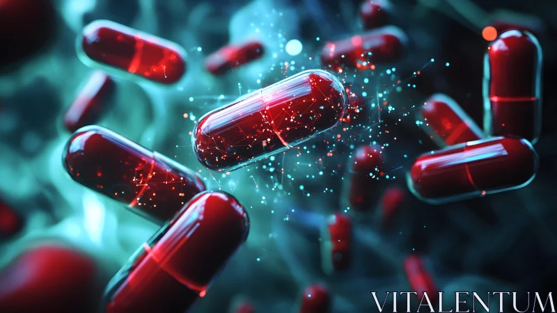 Red Capsules Floating in Futuristic Digital Style, Close-Up Scene.