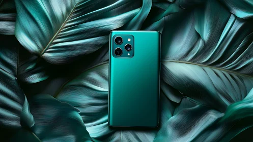 Teal smartphone with triple-lens camera module positioned centrally against stylized tropical foliag