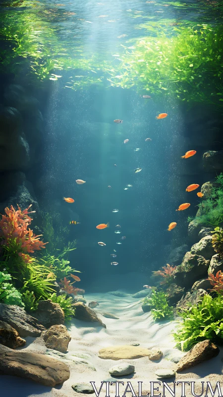 Sunlit underwater garden welcomes drifting, colorful fish
