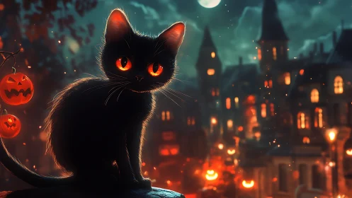Black Cat with Glowing Eyes Against Haunted Halloween Village.